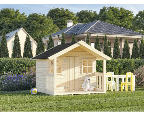 Cabane de jeux Felix, 180 x 180 x 169 cm, bois naturel Cabane de jeux en bois dans le jardin avec table et chaises