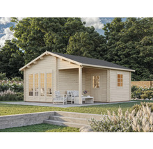 Maison de jardin en bois avec terrasse et mobilier de jardin à l'extérieur