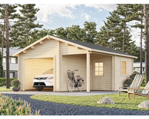 Garage en bois avec carport attenant et une voiture dans le garage