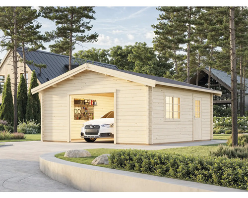 Garage en bois avec voiture et mur à outils dans le jardin