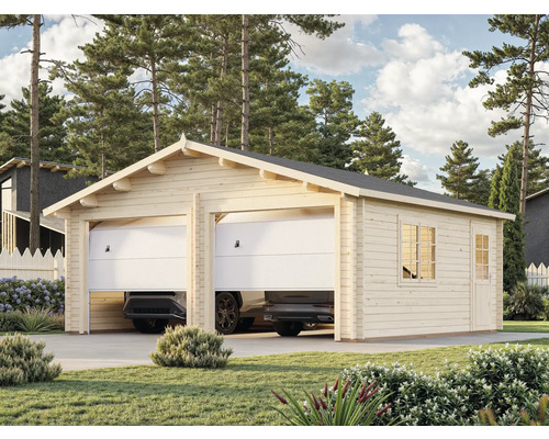 Doppelgarage aus Holz mit zwei Autos darin, Fenster und Tür an der Seite