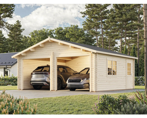 Garage double en bois avec deux voitures garées à l'intérieur