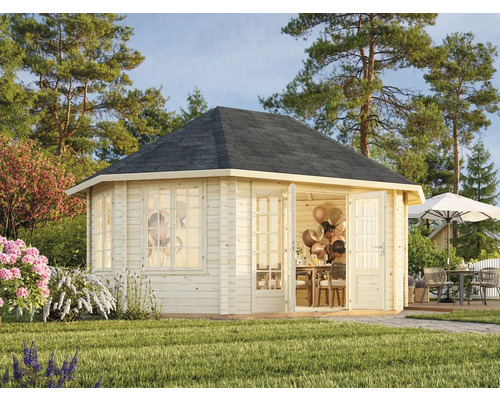 Pavillon de jardin en bois avec fenêtres et double porte dans le jardin