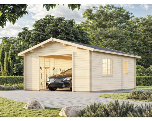 Garage en bois avec voiture, fenêtre et porte dans le jardin