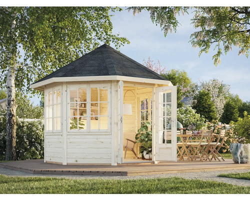 Holz Gartenhaus mit Fenstern und Doppeltür auf einer Terrasse