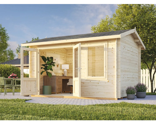 Abri de jardin en bois avec portes doubles ouvertes, fenêtre, bureau et chaise de bureau