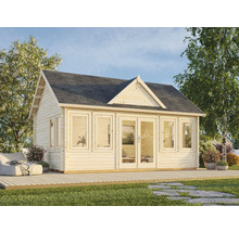 Maison de jardin en bois avec fenêtres et double porte sur une terrasse