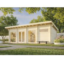 Abri de jardin en bois avec fenêtres et portes vitrées dans le jardin