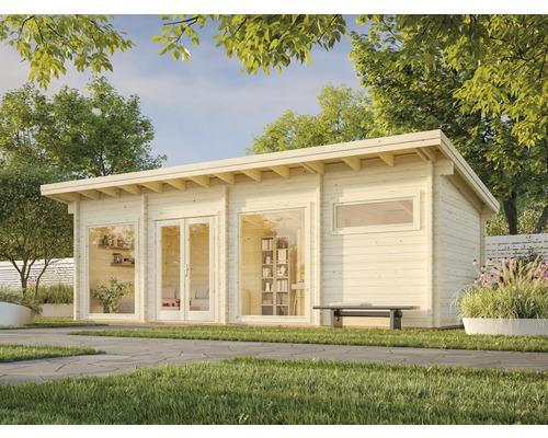 Abri de jardin en bois avec fenêtres et portes vitrées dans le jardin