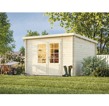 Abri de jardin en bois avec double porte et outils de jardinage dans le jardin