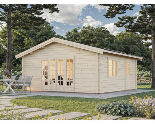 Maison de jardin en bois avec fenêtres et portes dans un jardin