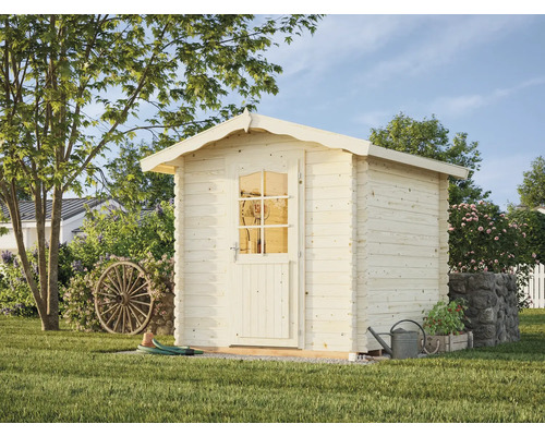 Holzgartenhaus mit Tür und Fenster in einem gepflegten Garten
