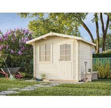 Jardin avec cabanon en bois, fenêtre, porte et outils de jardin