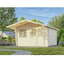 Holzgartenhaus mit Fenster und Doppeltür im Garten