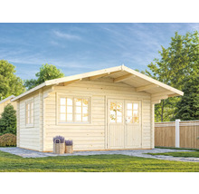 Abri de jardin en bois avec fenêtres et double porte dans le jardin