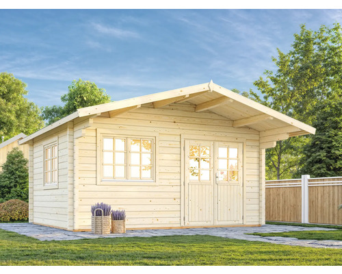 Abri de jardin en bois avec fenêtres et double porte dans le jardin