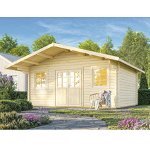 Abri de jardin en bois avec fenêtres et double porte dans le jardin