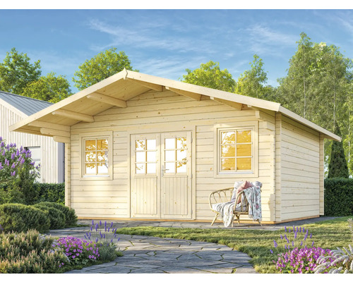 Maison de jardin en bois avec double porte et fenêtres dans le jardin