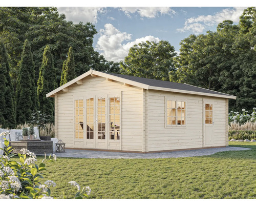 Maison de jardin en bois avec double porte et fenêtres dans le jardin