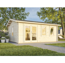 Abri de jardin en bois avec fenêtres et double porte dans le jardin