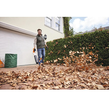 Un homme utilise un aspirateur à feuilles pour enlever les feuilles. À l'arrière-plan, on voit une maison avec un garage et une haie verte.