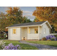 Gartenszene mit Holzgartenhaus mit Veranda und grauem Dach