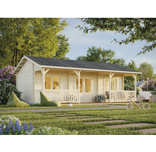 Maison de jardin en bois avec terrasse couverte et jardin