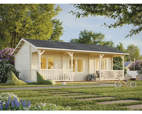 Maison de jardin en bois avec terrasse couverte et jardin
