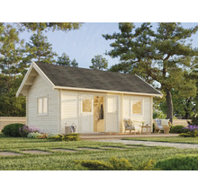 Maison de jardin en bois avec terrasse dans un paysage de jardin