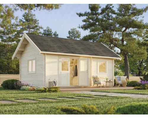 Maison de jardin en bois avec terrasse dans un paysage de jardin