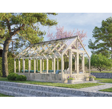 Gewächshaus aus Holz und Glas im Garten.