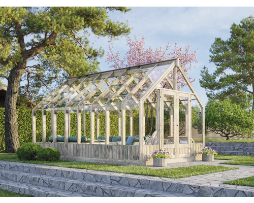 Serre de jardin en bois et en verre.