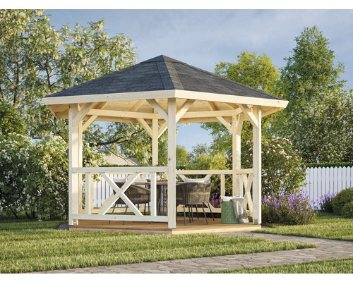 Pavillon de jardin en bois avec toit gris dans un jardin