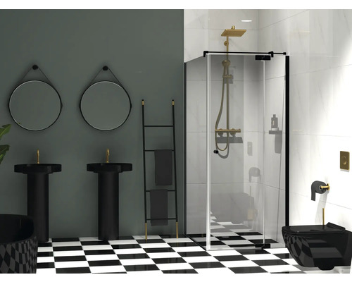 Badezimmer mit zwei Waschbecken, Spiegeln, Handtuchhalter, Dusche und Toilette in Schwarz und Gold