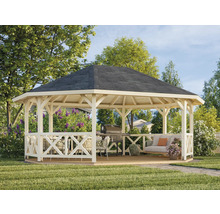 Pavillon en bois avec barbecue, table, chaises et canapé dans le jardin