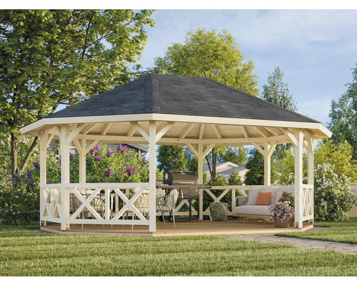 Pavillon en bois avec barbecue, table, chaises et canapé dans le jardin