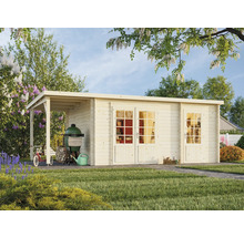 Gartenhaus mit Grill, Fahrrad und Gartengerät im Garten