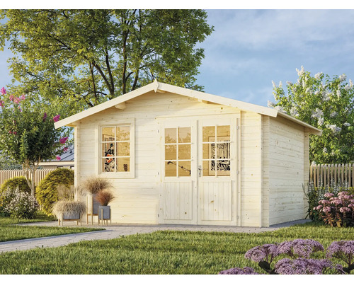 Abri de jardin en bois avec fenêtres et double porte dans le jardin