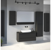 Modernes Badezimmermöbel-Set in Anthrazit mit wandhängendem Waschtischunterschrank, Aufsatzwaschbecken, Spiegel und Hochschränken.