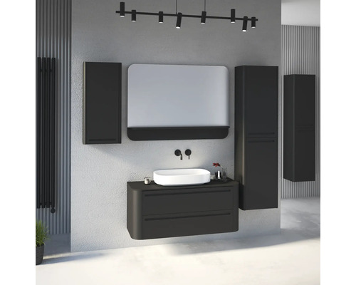 Modernes Badezimmermöbel-Set in Anthrazit mit wandhängendem Waschtischunterschrank, Aufsatzwaschbecken, Spiegel und Hochschränken.