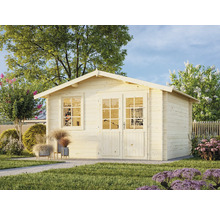 Abri de jardin en bois avec double porte et fenêtres dans le jardin