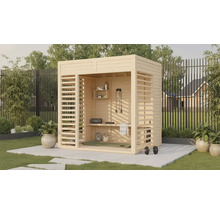 Holzgartenhaus mit Trainingsgeräten und Regalen