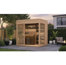 Holzgartenbar mit Regalen, Barhocker und Aussenbereich
