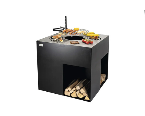 Table de grill avec aliments et rangement pour le bois