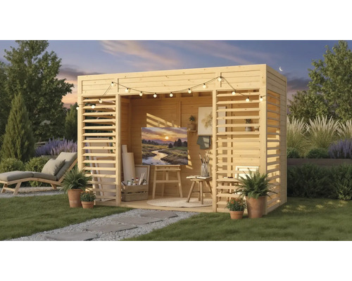Holzpavillon mit Kunstatelier im Garten mit Liegestuhl und Pflanzen