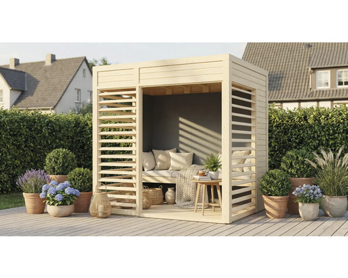 Pavillon en bois avec parois à lamelles, banc et décoration dans le jardin