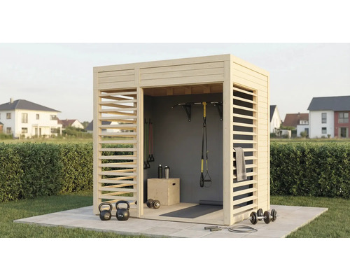 Sauna de jardin en bois avec des équipements sportifs tels que des haltères, des kettlebells et une barre de traction