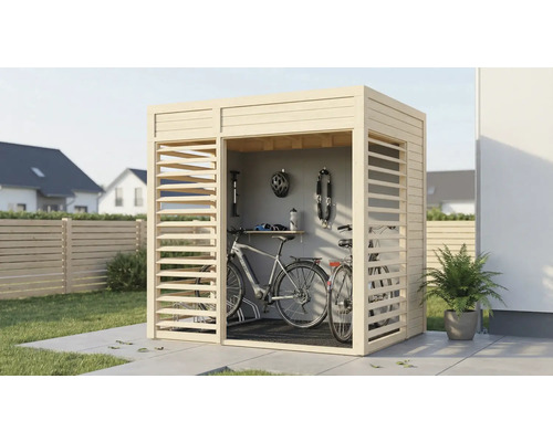 Garage à vélos en bois avec vélos, casque de vélo et accessoires