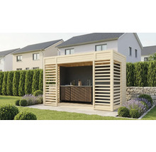 Cuisine extérieure avec cadre en bois et plan de travail dans le jardin