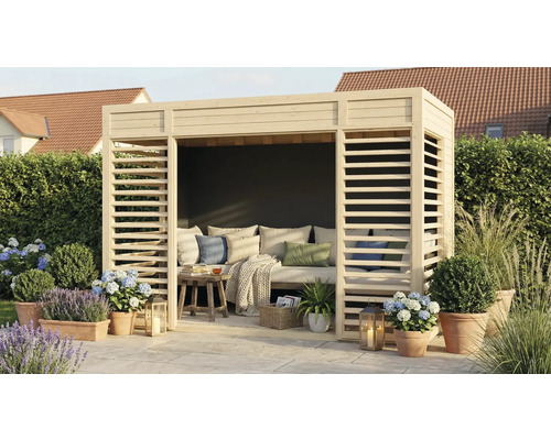 Salon de jardin en bois avec parois à lamelles, coussins et décoration inclus